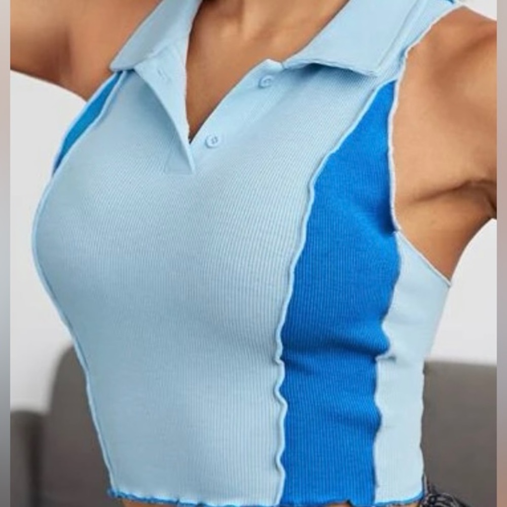 Two Shade Blue Rib Knit Button Up Crop Top